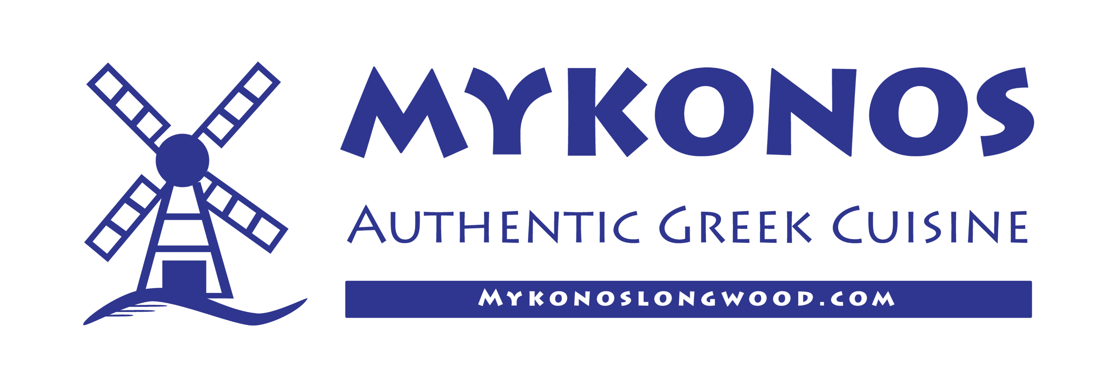 Logo for Mykonos Authentic Greek Cuisine in Longwood, Florida - features blue greek style letters and a windmill. MykonosLongwood.com