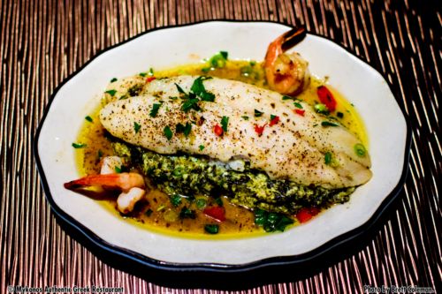 Island Fish – two pangasius fillets with spinach and a three cheese stuffing, sinfully seasoned, baked in the oven and served with shrimp